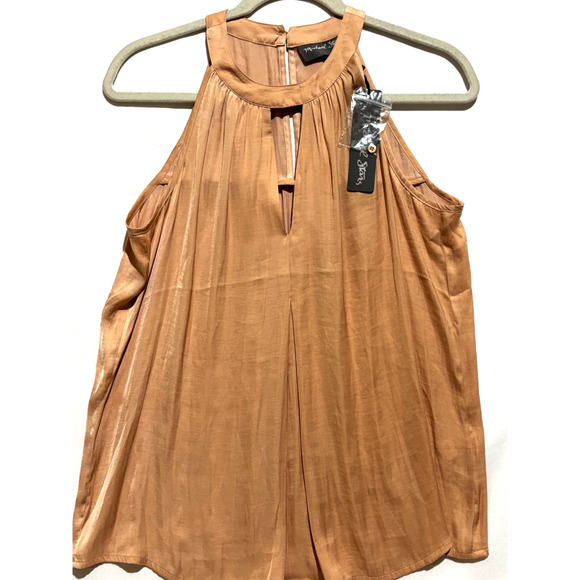 Michael Stars New High Neck keyhole Tan Blush Top Blouse Satiny pleated career - Picture 1 of 8